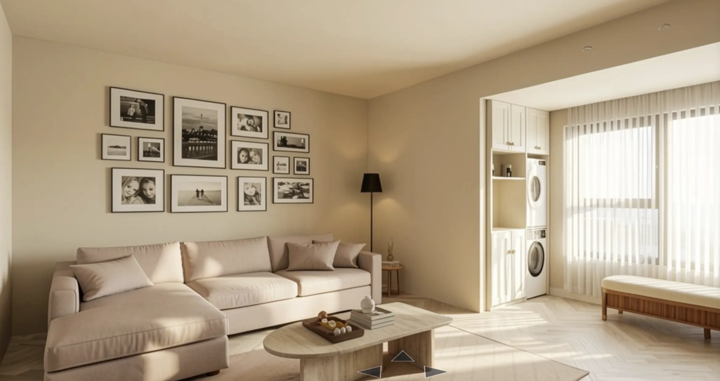 Editable 3D design of a warm living room