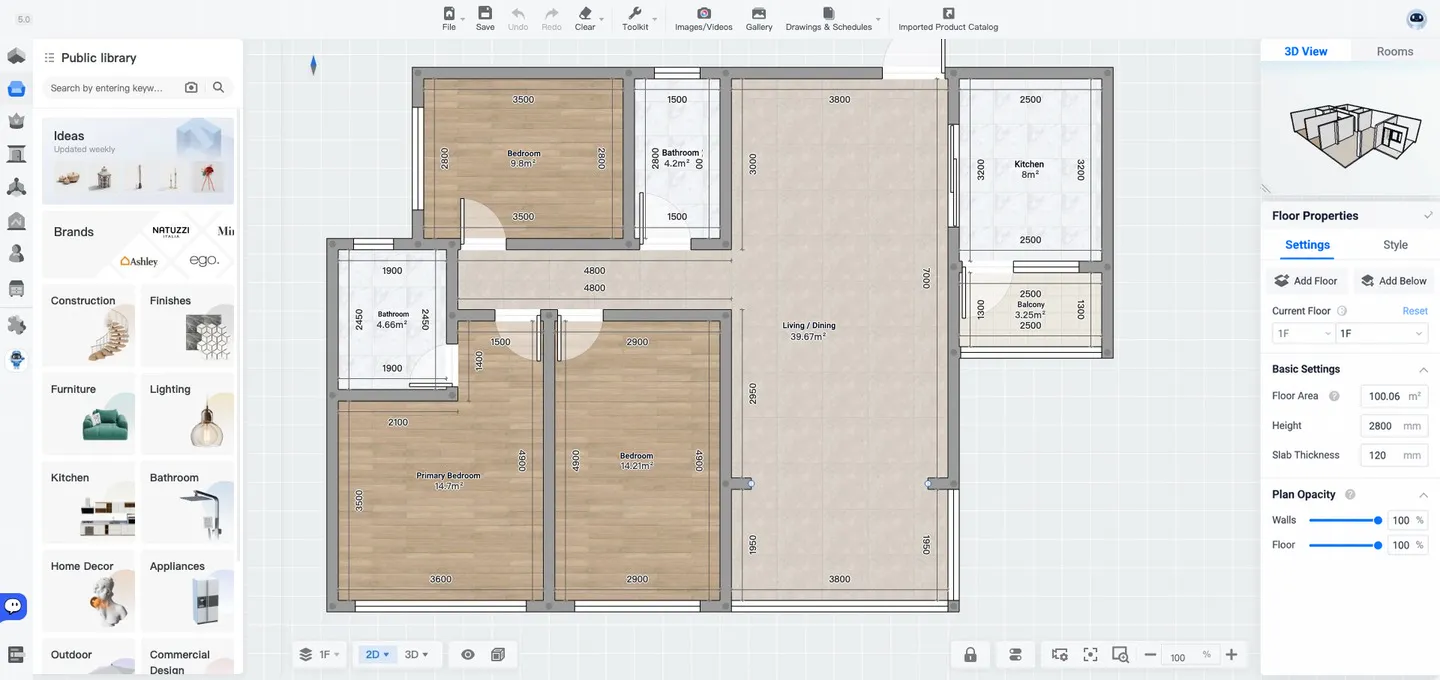 Recreated 2D floor plan in the Coohom design tool