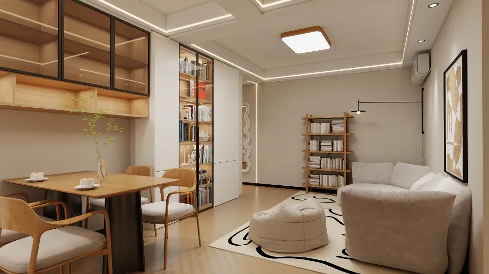 Redesigned living room with seating and a bookcase for reading